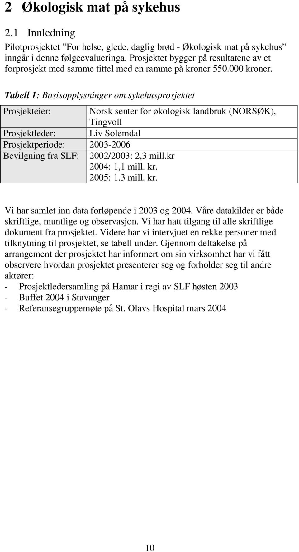 Tabell 1: Basisopplysninger om sykehusprosjektet Prosjekteier: Norsk senter for økologisk landbruk (NORSØK), Tingvoll Prosjektleder: Liv Solemdal Prosjektperiode: 2003-2006 Bevilgning fra SLF: