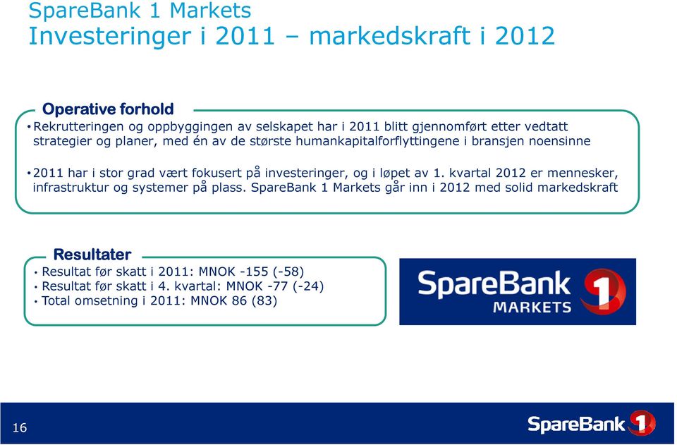 fokusert på investeringer, og i løpet av 1. kvartal 2012 er mennesker, infrastruktur og systemer på plass.