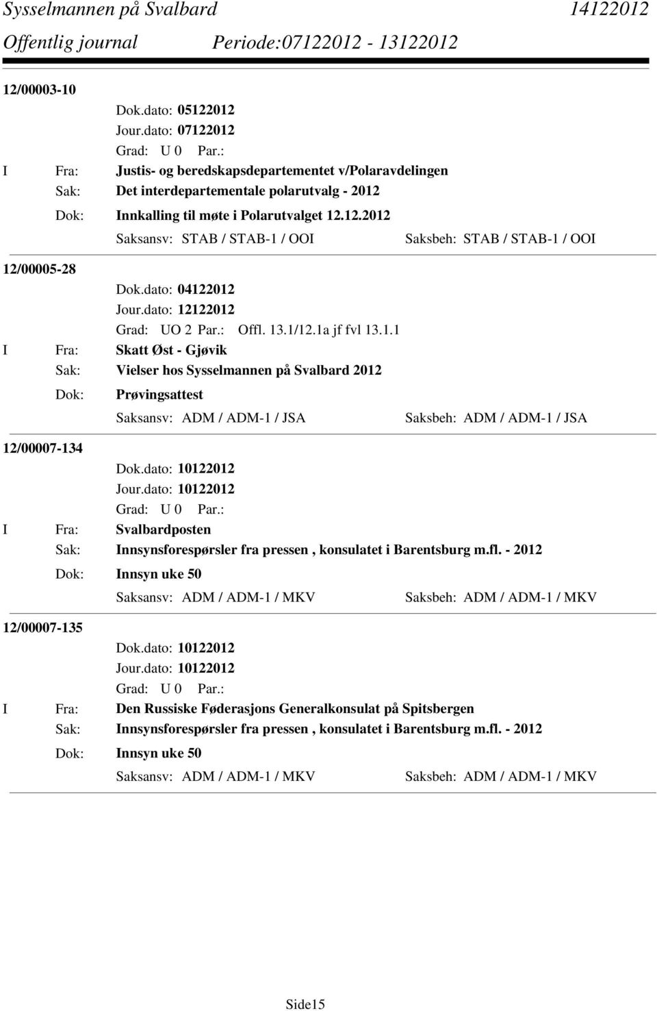 2012 Grad: UO 2 Par.: Offl. 13.1/12.1a jf fvl 13.1.1 I Fra: Skatt Øst - Gjøvik Sak: Vielser hos Sysselmannen på Svalbard 2012 Prøvingsattest Saksansv: ADM / ADM-1 / JSA Saksbeh: ADM / ADM-1 / JSA