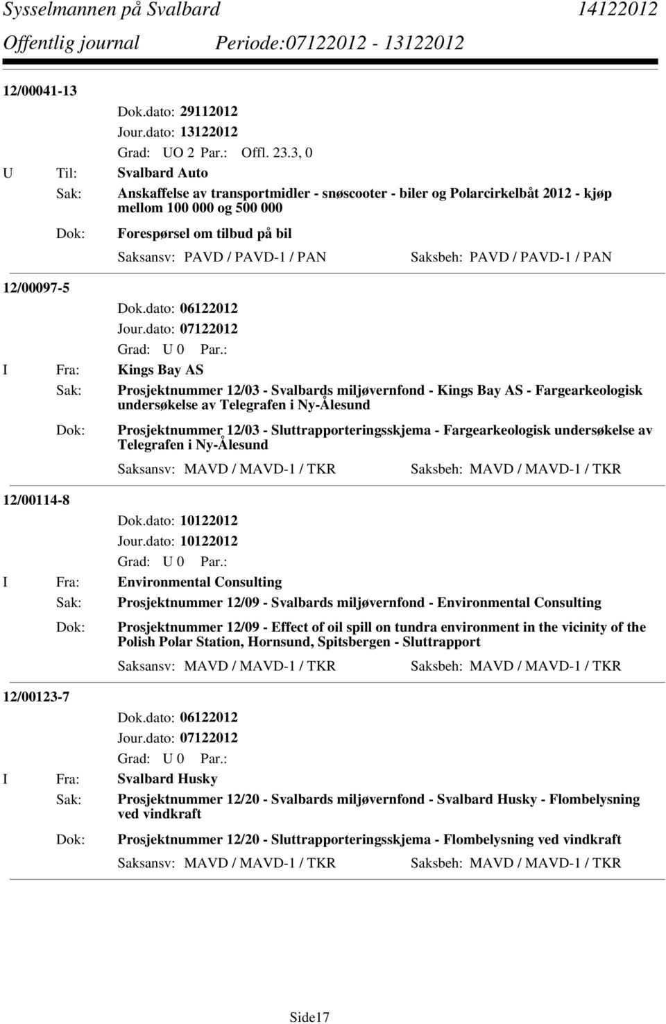 Saksbeh: PAVD / PAVD-1 / PAN 12/00097-5 I Fra: Kings Bay AS Sak: Prosjektnummer 12/03 - Svalbards miljøvernfond - Kings Bay AS - Fargearkeologisk undersøkelse av Telegrafen i Ny-Ålesund