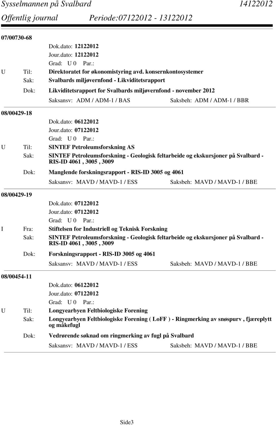 08/00429-18 U Til: SINTEF Petroleumsforskning AS Sak: SINTEF Petroleumsforskning - Geologisk feltarbeide og ekskursjoner på Svalbard - RIS-ID 4061, 3005, 3009 Manglende forskningsrapport - RIS-ID
