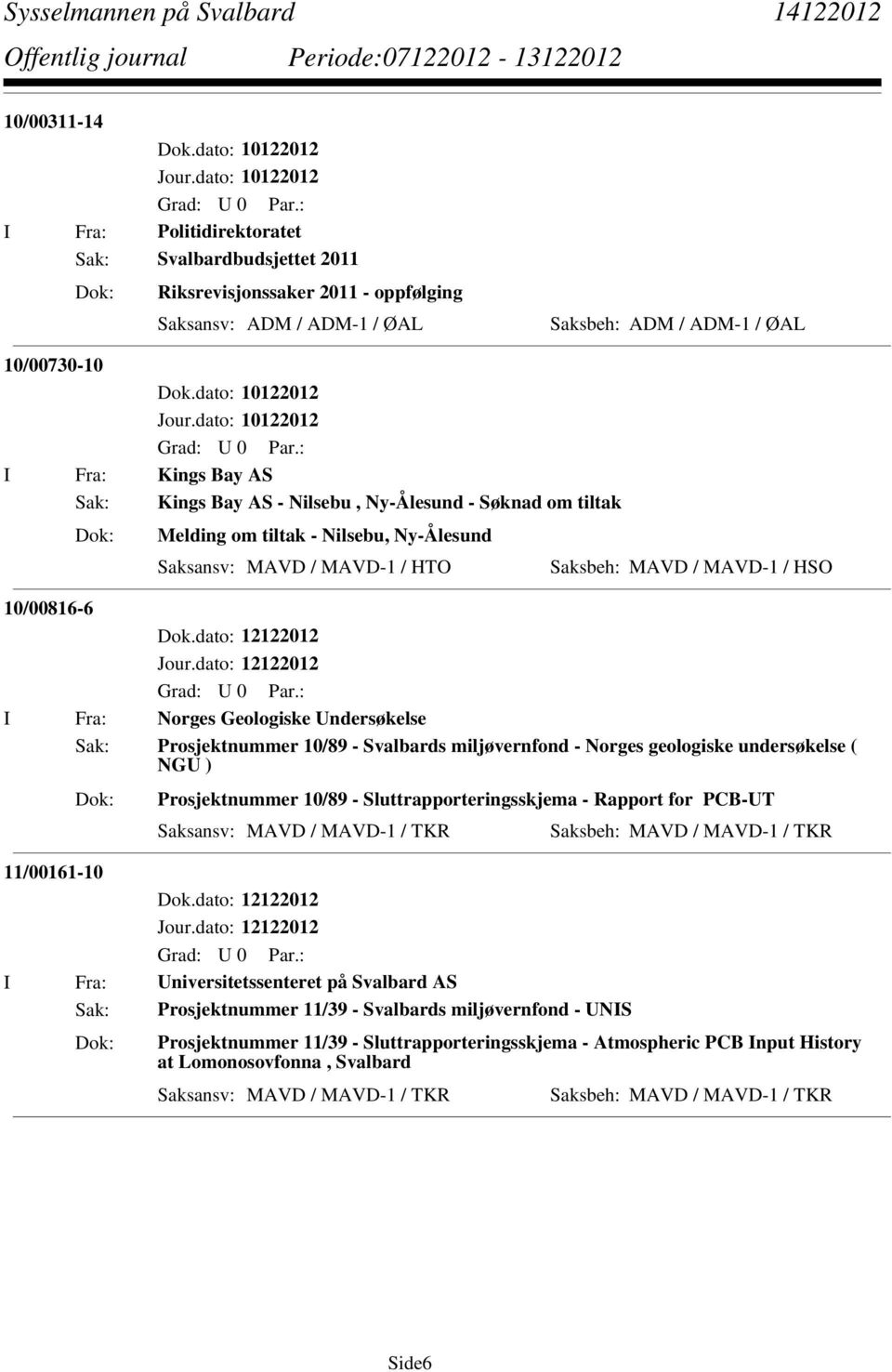 Undersøkelse Sak: Prosjektnummer 10/89 - Svalbards miljøvernfond - Norges geologiske undersøkelse ( NGU ) Prosjektnummer 10/89 - Sluttrapporteringsskjema - Rapport for PCB-UT 11/00161-10 I Fra: