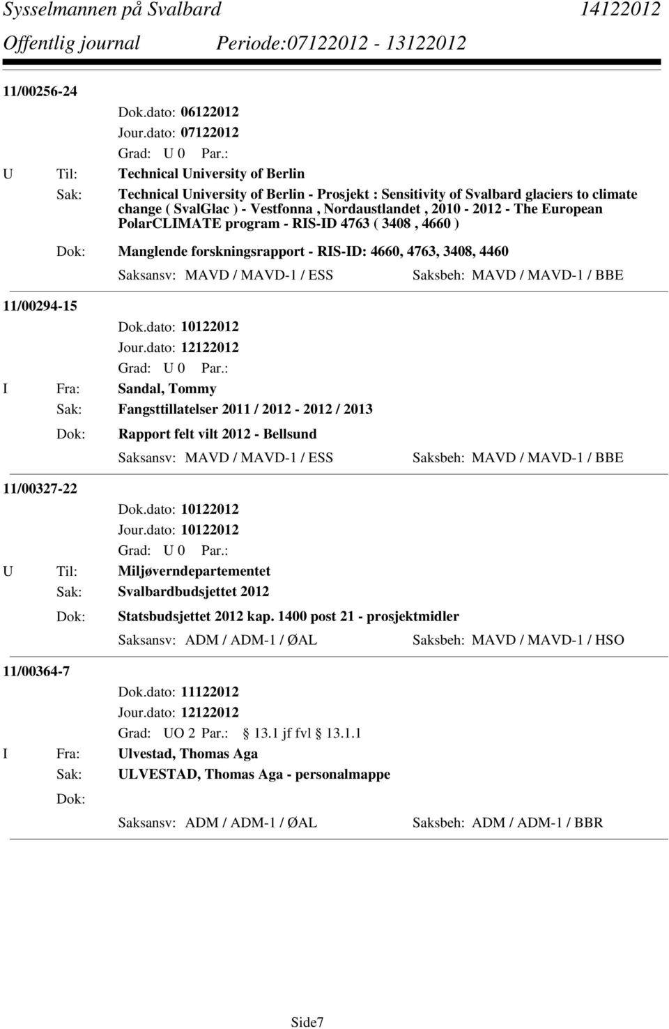 Sak: Fangsttillatelser 2011 / 2012-2012 / 2013 Rapport felt vilt 2012 - Bellsund Saksansv: MAVD / MAVD-1 / ESS 11/00327-22 U Til: Miljøverndepartementet Sak: Svalbardbudsjettet 2012 Statsbudsjettet