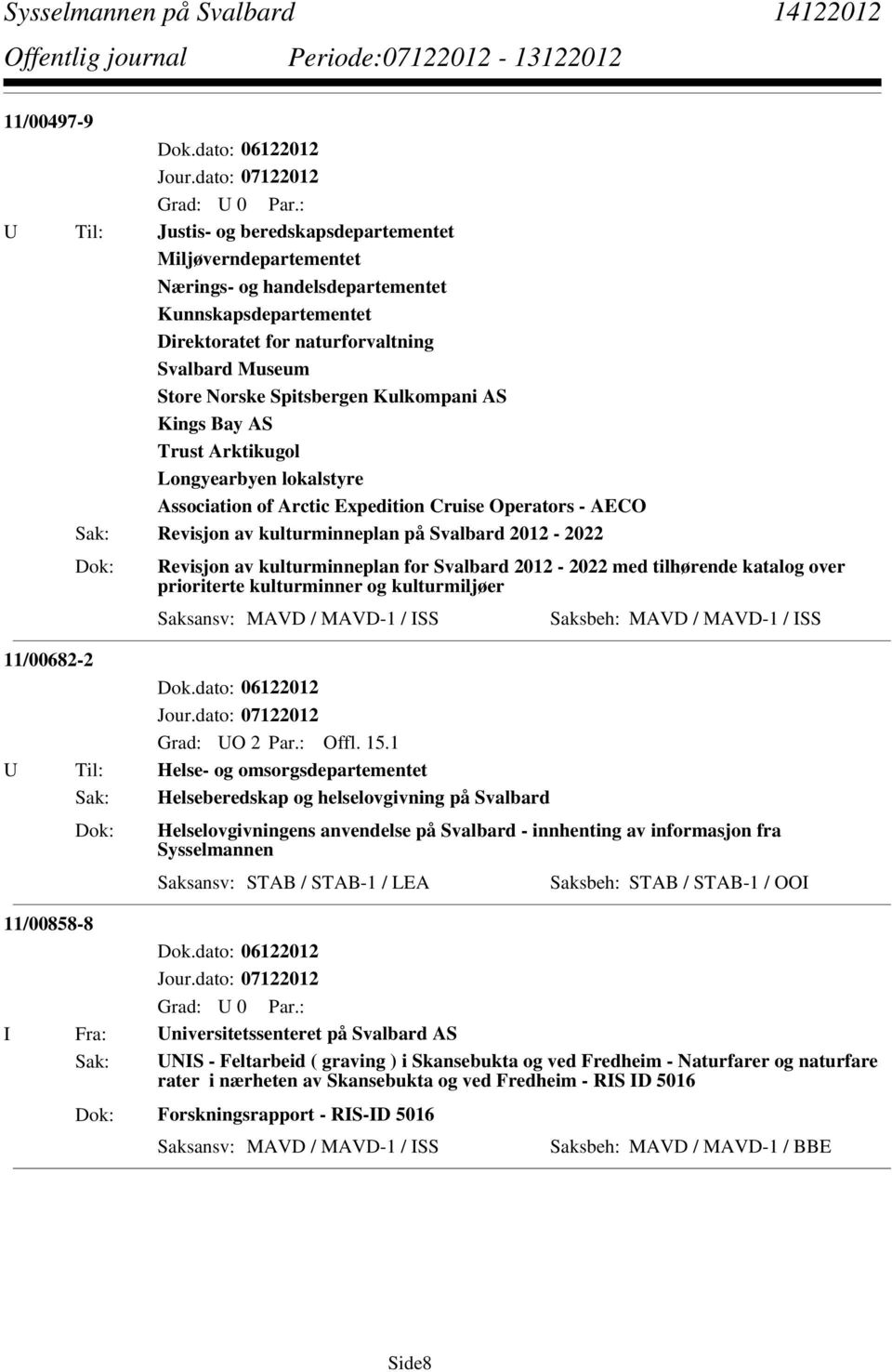 Revisjon av kulturminneplan for Svalbard 2012-2022 med tilhørende katalog over prioriterte kulturminner og kulturmiljøer Saksansv: MAVD / MAVD-1 / ISS Saksbeh: MAVD / MAVD-1 / ISS 11/00682-2 Grad: UO