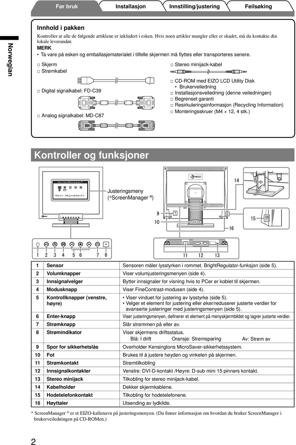 Skjerm Strømkabel Digital signalkabel: FD-C39 Analog signalkabel: MD-C87 Stereo minijack-kabel CD-ROM med EIZO LCD Utility Disk Brukerveiledning sveiledning (denne veiledningen) Begrenset garanti