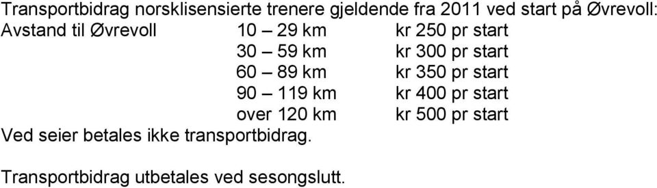 start 60 89 km kr 350 pr start 90 119 km kr 400 pr start over 120 km kr 500 pr