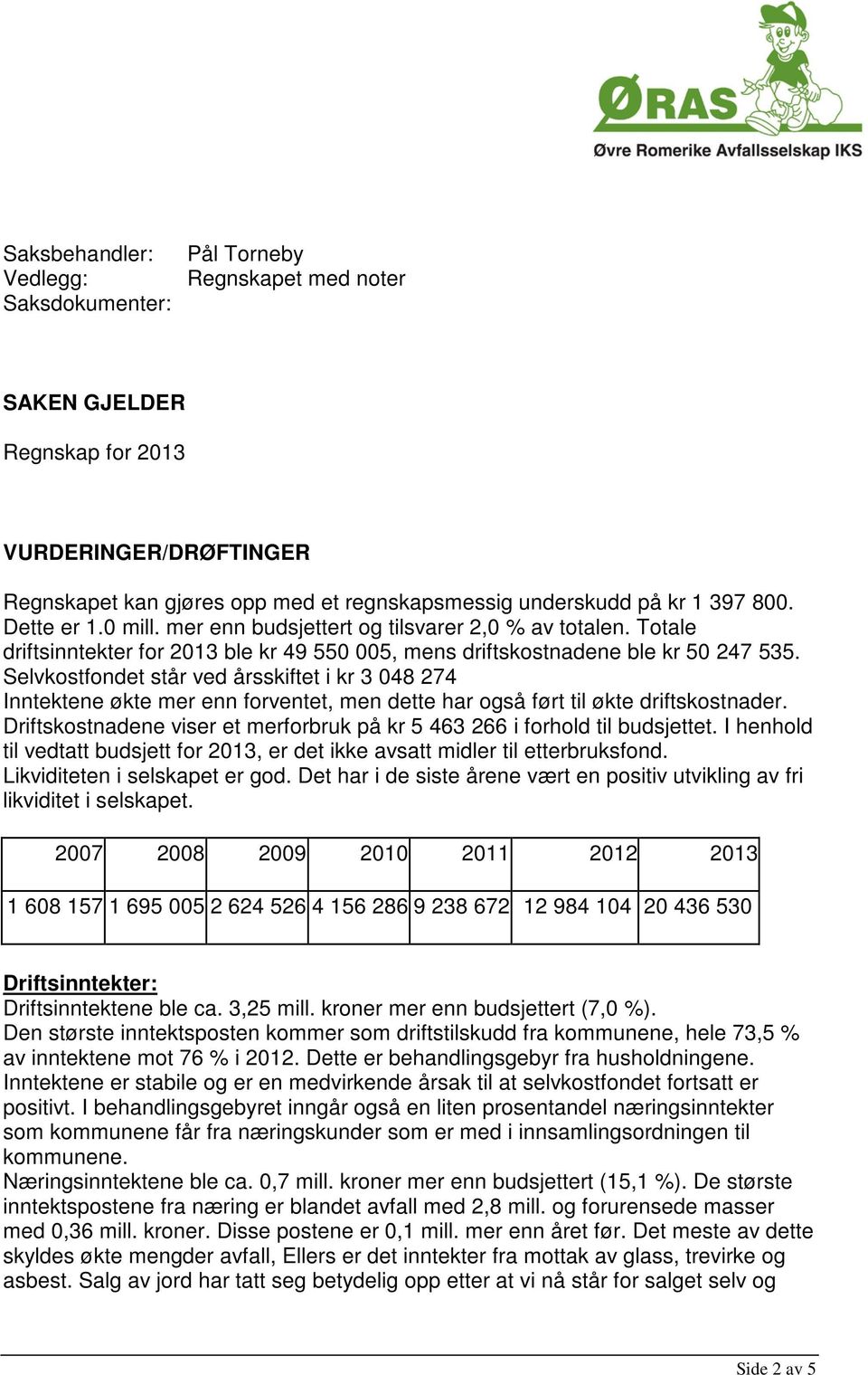 Selvkostfondet står ved årsskiftet i kr 3 048 274 Inntektene økte mer enn forventet, men dette har også ført til økte driftskostnader.