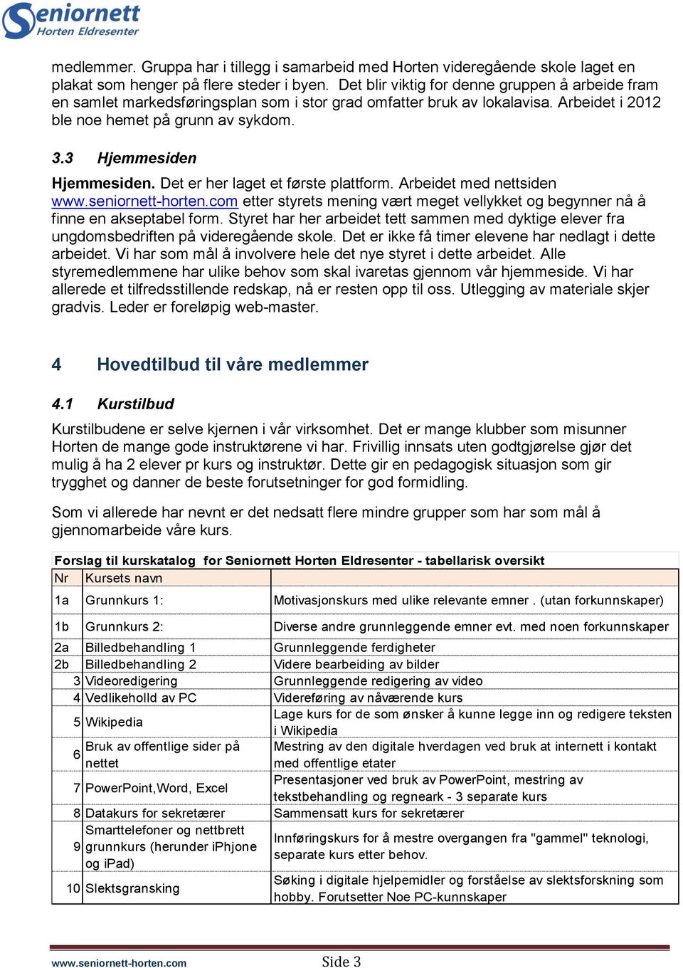 3 Hjemmesiden Hjemmesiden. Det er her laget et første plattform. Arbeidet med nettsiden www.seniornett-horten.com etter styrets mening vært meget vellykket og begynner nå å finne en akseptabel form.