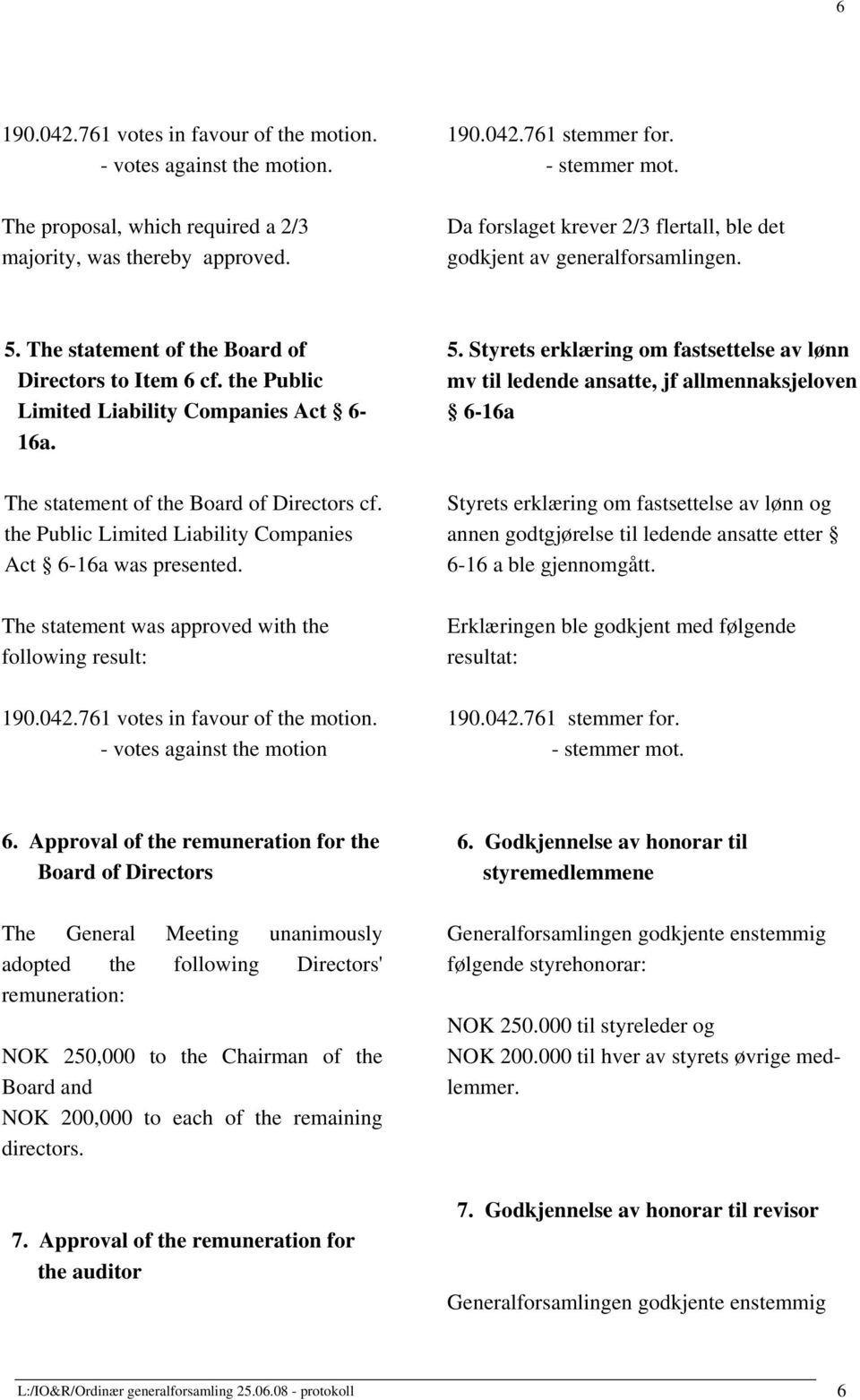 The statement of the Board of Directors cf. the Public Limited Liability Companies Act 6-16a was presented. The statement was approved with the following result: 190.042.