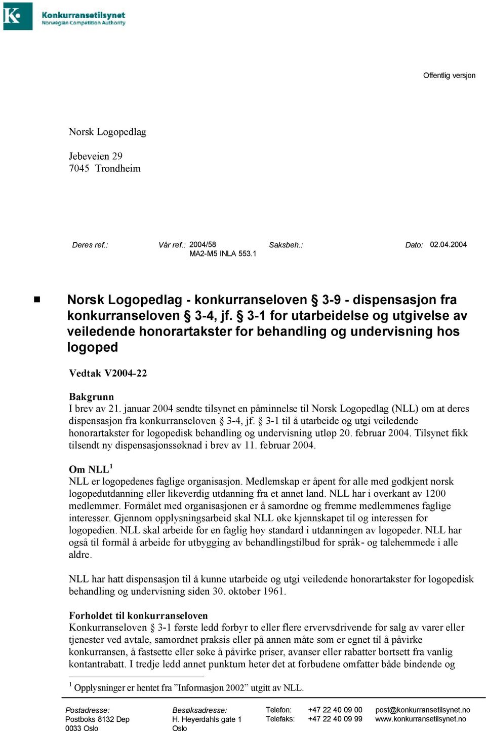 januar 2004 sendte tilsynet en påminnelse til Norsk Logopedlag (NLL) om at deres dispensasjon fra konkurranseloven 3-4, jf.