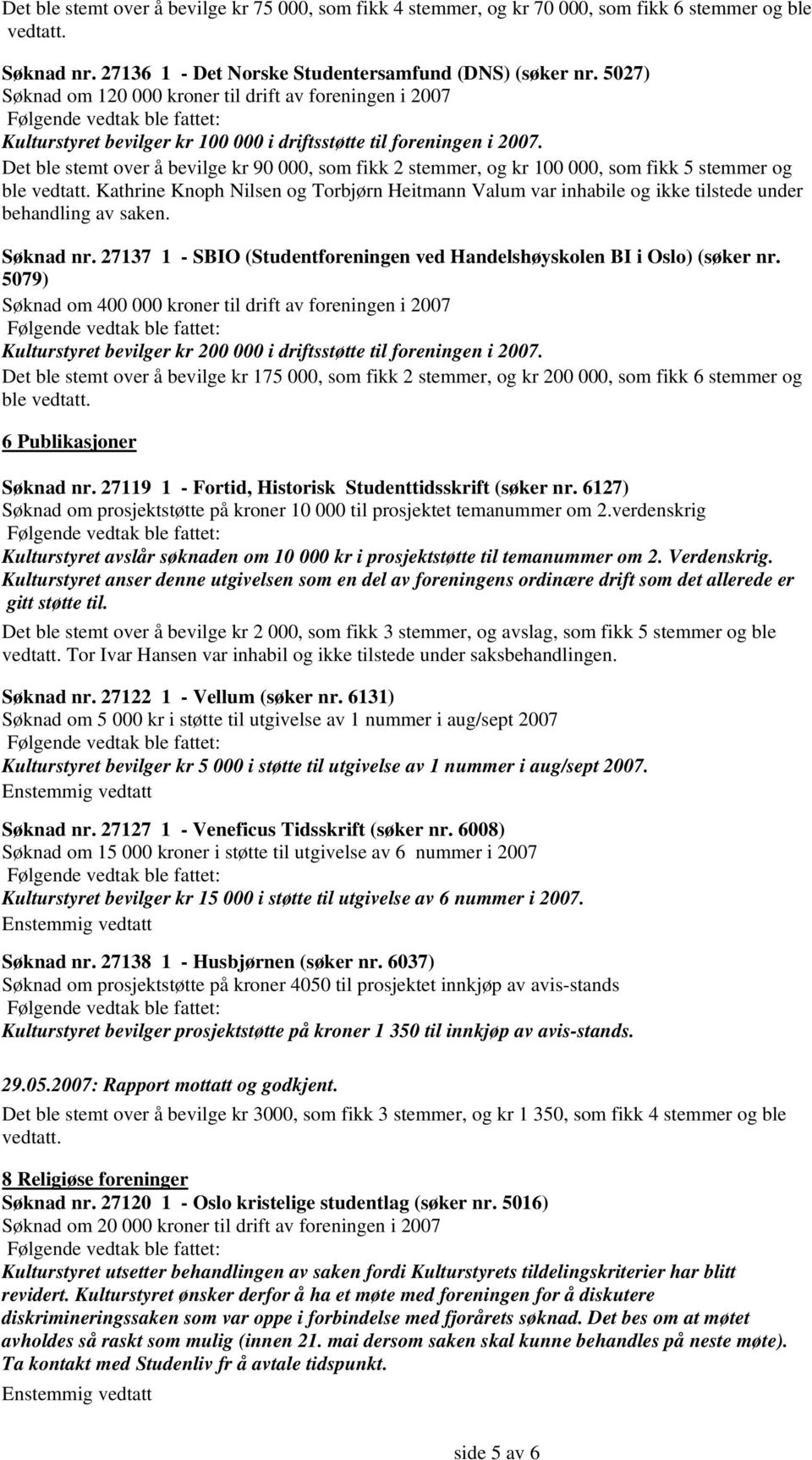 Det ble stemt over å bevilge kr 90 000, som fikk 2 stemmer, og kr 100 000, som fikk 5 stemmer og ble Kathrine Knoph Nilsen og Torbjørn Heitmann Valum var inhabile og ikke tilstede under behandling av