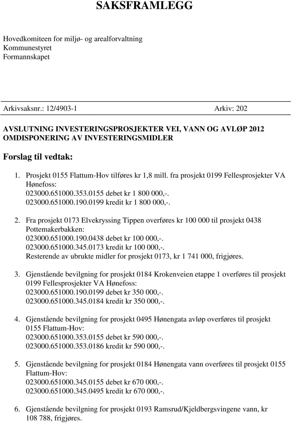 fra prosjekt 0199 Fellesprosjekter VA Hønefoss: 023000.651000.353.0155 debet kr 1 800 000,-. 023000.651000.190.0199 kredit kr 1 800 000,-. 2.