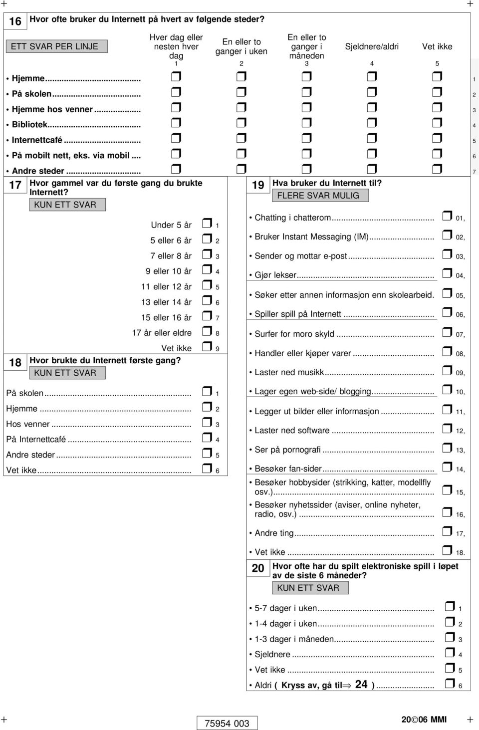 .. 5 På mobilt nett, eks. via mobil... 6 Andre steder... 7 17 Hvor gammel var du første gang du brukte Internett? KUN Under 5 år 1 5 eller 6 år 2 19 Hva bruker du Internett til? Chatting i chatterom.