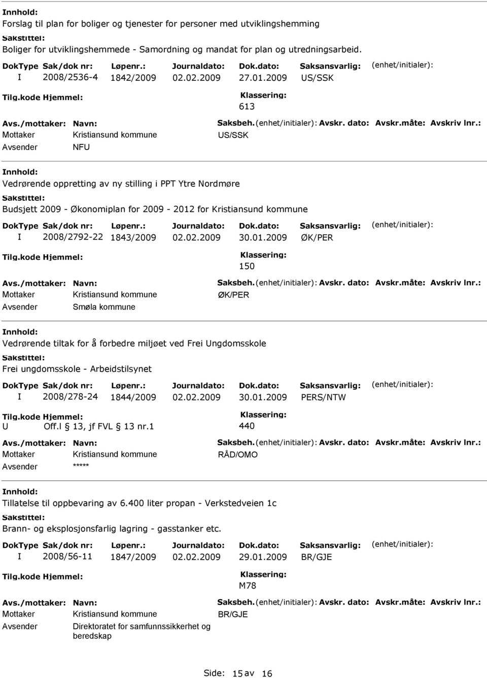 : S/SSK NF Vedrørende oppretting av ny stilling i PPT Ytre Nordmøre Budsjett 2009 - Økonomiplan for 2009-2012 for 2008/2792-22 1843/2009 ØK/PER 150 vs./mottaker: Navn: Saksbeh. vskr. dato: vskr.