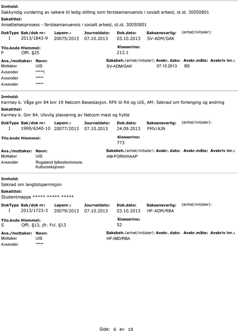 RFK til RA og i, AM: øknad om forlenging og endring Karmøy k. Gnr 84. lovlig plassering av Netcom mast og hytte 1999/6340-10 20077/2013 24.09.