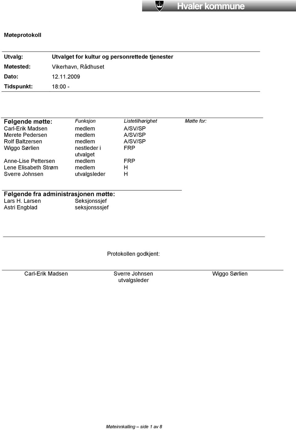 Baltzersen medlem A/SV/SP Wiggo Sørlien nestleder i FRP utvalget Anne-Lise Pettersen medlem FRP Lene Elisabeth Strøm medlem H Sverre Johnsen