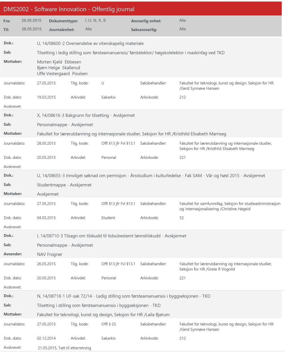 2015 Arkivdel: Sakarkiv X, 14/08616-3 Bakgrunn for tilsetting - Personalmappe - Seksjon for HR /Kristhild Elisabeth Marnseg Seksjon for HR /Kristhild Elisabeth Marnseg Dok. dato: 20.05.