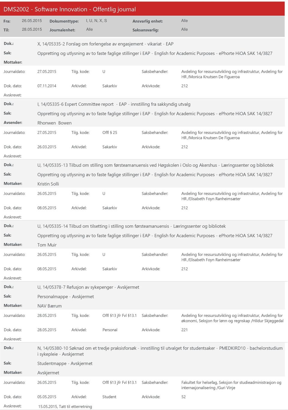 2014 Arkivdel: Sakarkiv I, 14/05335-6 Expert Committee report - EAP - innstilling fra sakkyndig utvalg Oppretting og utlysning av to faste faglige stillinger i EAP - English for Academic Purposes -