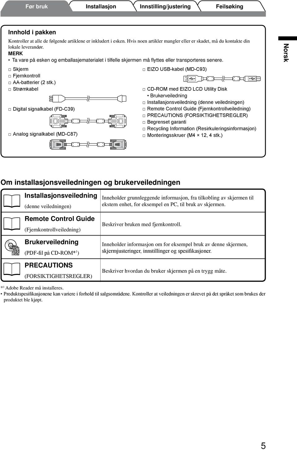 ) Strømkabel Digital signalkabel (FD-C39) Analog signalkabel (MD-C87) EIZO USB-kabel (MD-C93) CD-ROM med EIZO LCD Utility Disk Brukerveiledning sveiledning (denne veiledningen) Remote Control Guide
