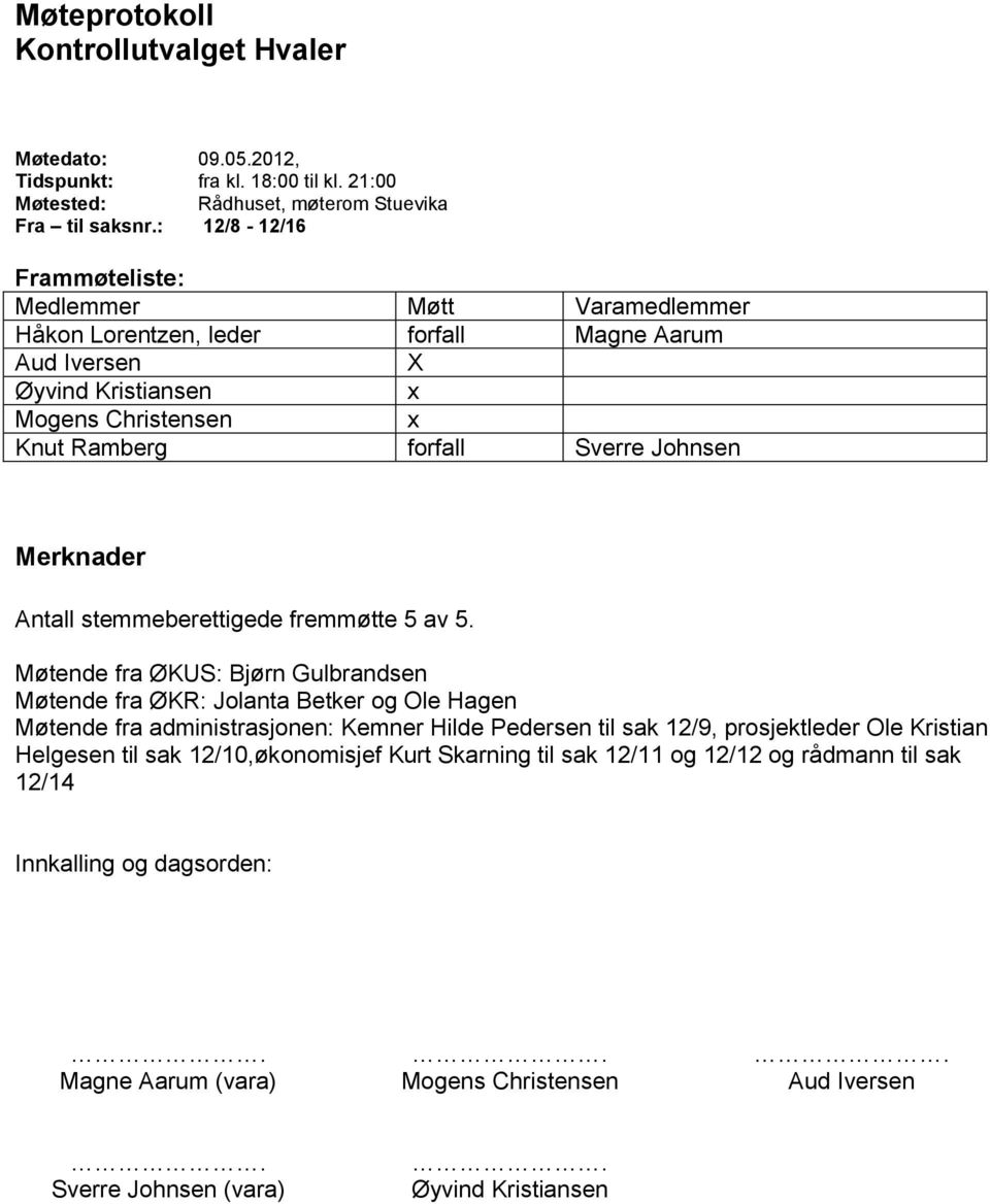 Merknader Antall stemmeberettigede fremmøtte 5 av 5.