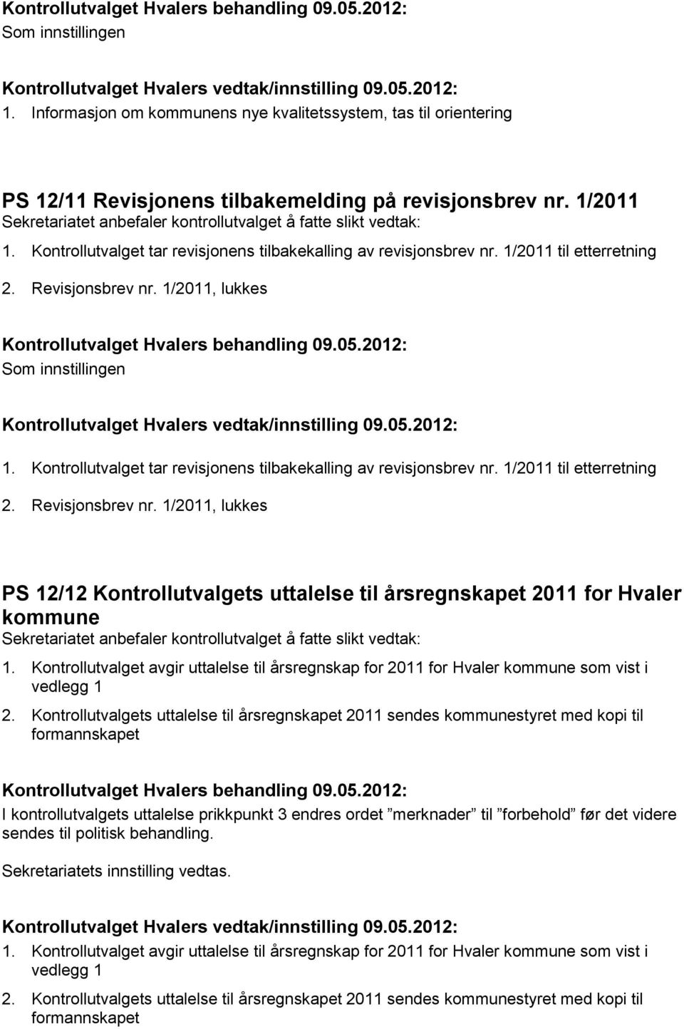 1/2011 til etterretning 2. Revisjonsbrev nr. 1/2011, lukkes PS 12/12 Kontrollutvalgets uttalelse til årsregnskapet 2011 for Hvaler kommune 1.