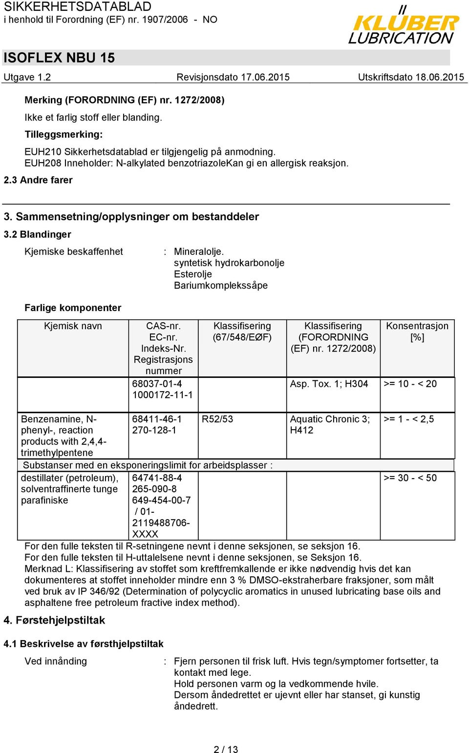 2 Blandinger Kjemiske beskaffenhet Farlige komponenter : Mineralolje. syntetisk hydrokarbonolje Esterolje Bariumkomplekssåpe Kjemisk navn CAS-nr. EC-nr. Indeks-Nr.