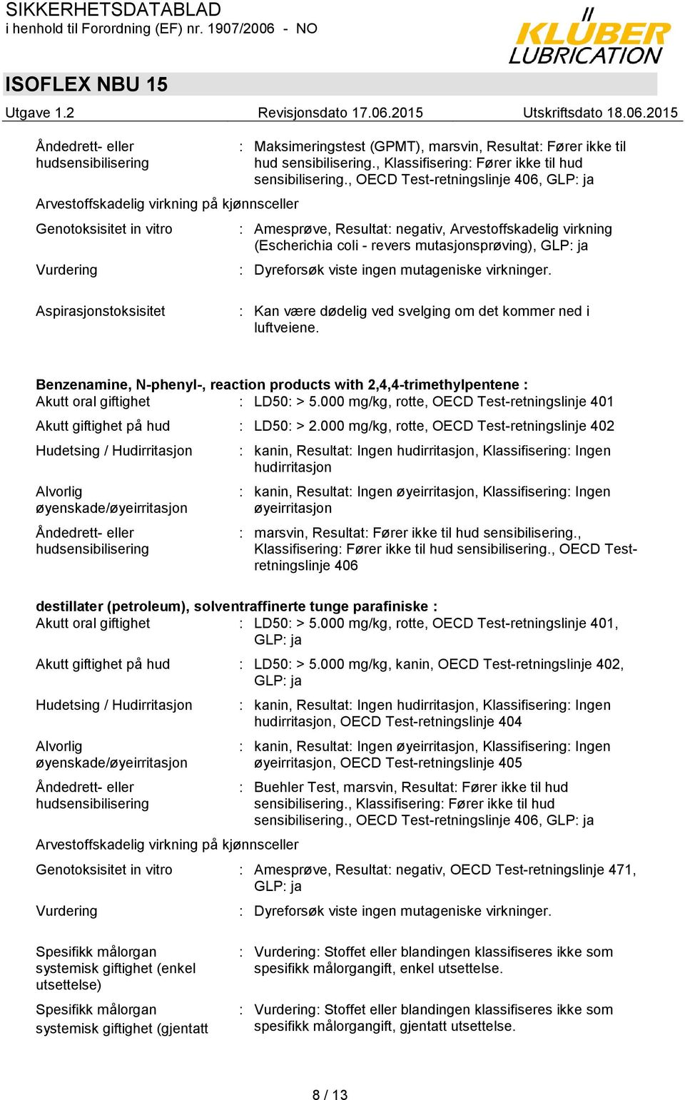 , OECD Test-retningslinje 406, GLP: ja : Amesprøve, Resultat: negativ, Arvestoffskadelig virkning (Escherichia coli - revers mutasjonsprøving), GLP: ja : Dyreforsøk viste ingen mutageniske virkninger.