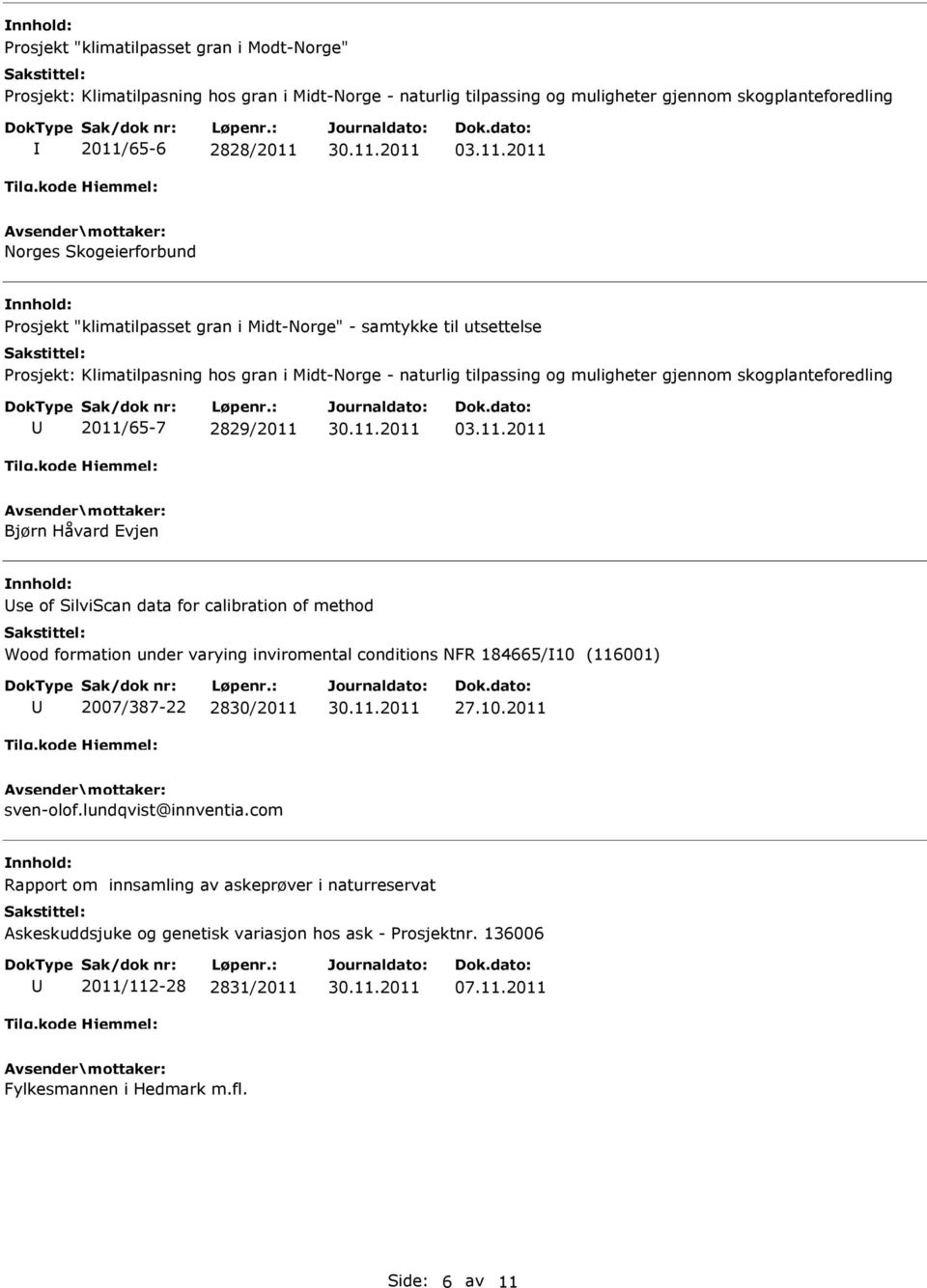 2829/2011 Bjørn Håvard Evjen se of SilviScan data for calibration of method Wood formation under varying inviromental conditions NFR 184665/10 (116001) 2007/387-22 2830/2011 27.10.2011 sven-olof.