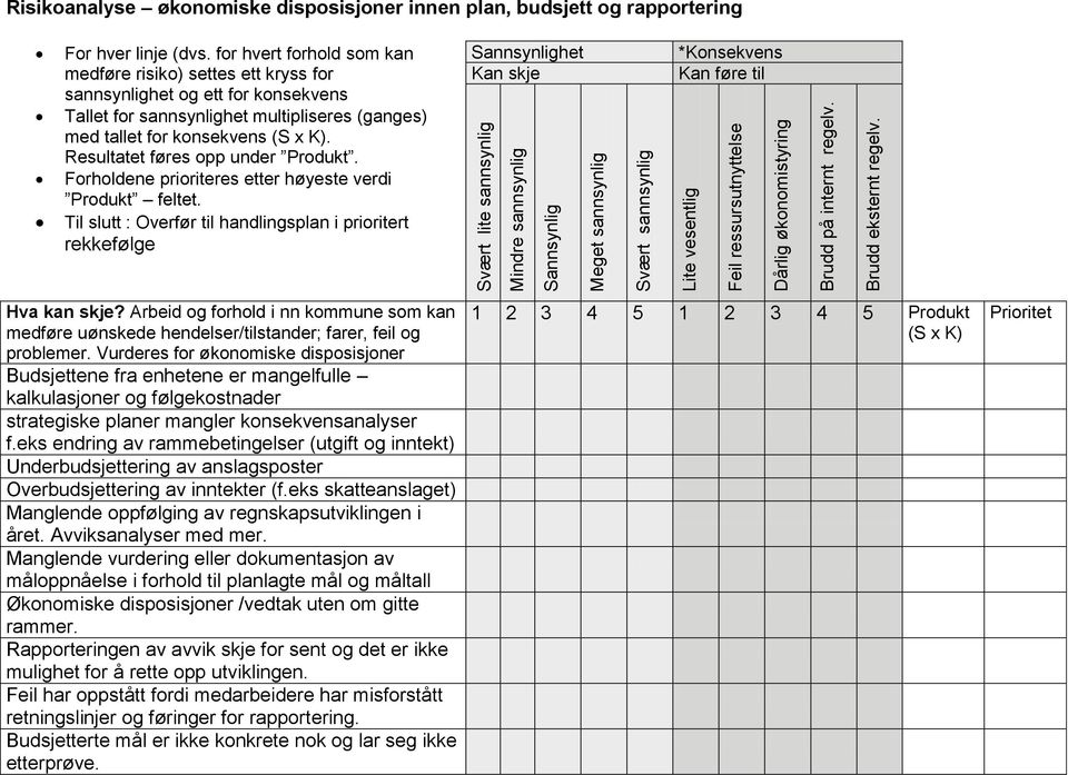 Resultatet føres opp under Produkt. Forholdene prioriteres etter høyeste verdi Produkt feltet. Til slutt : Overfør til handlingsplan i prioritert Hva kan skje?