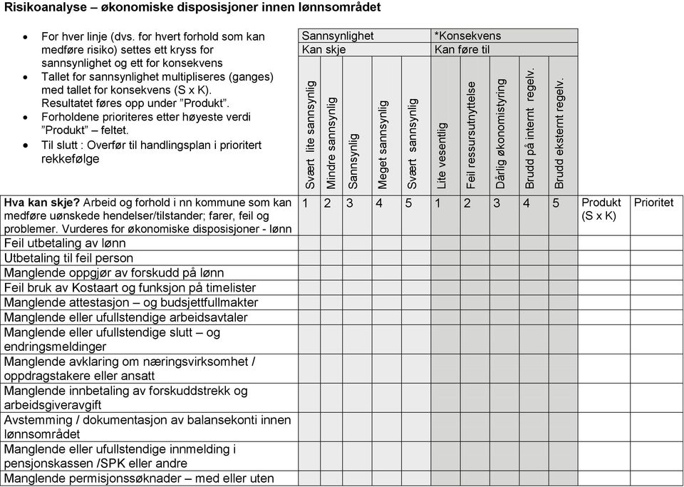 Resultatet føres opp under Produkt. Forholdene prioriteres etter høyeste verdi Produkt feltet. Til slutt : Overfør til handlingsplan i prioritert Hva kan skje?