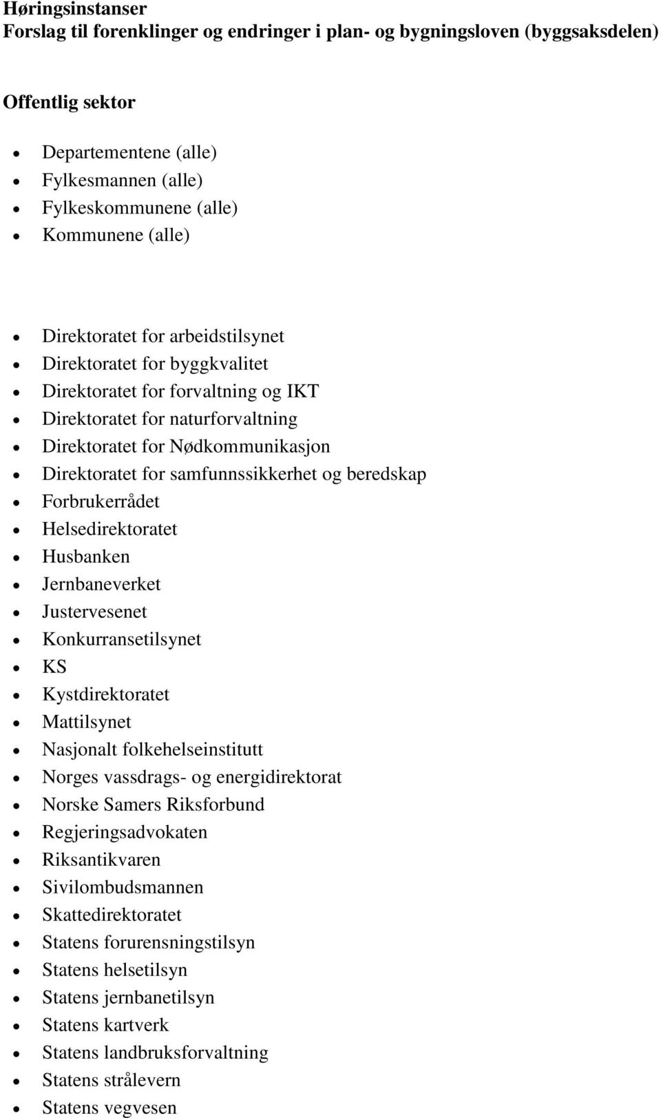 samfunnssikkerhet og beredskap Forbrukerrådet Helsedirektoratet Husbanken Jernbaneverket Justervesenet Konkurransetilsynet KS Kystdirektoratet Mattilsynet Nasjonalt folkehelseinstitutt Norges