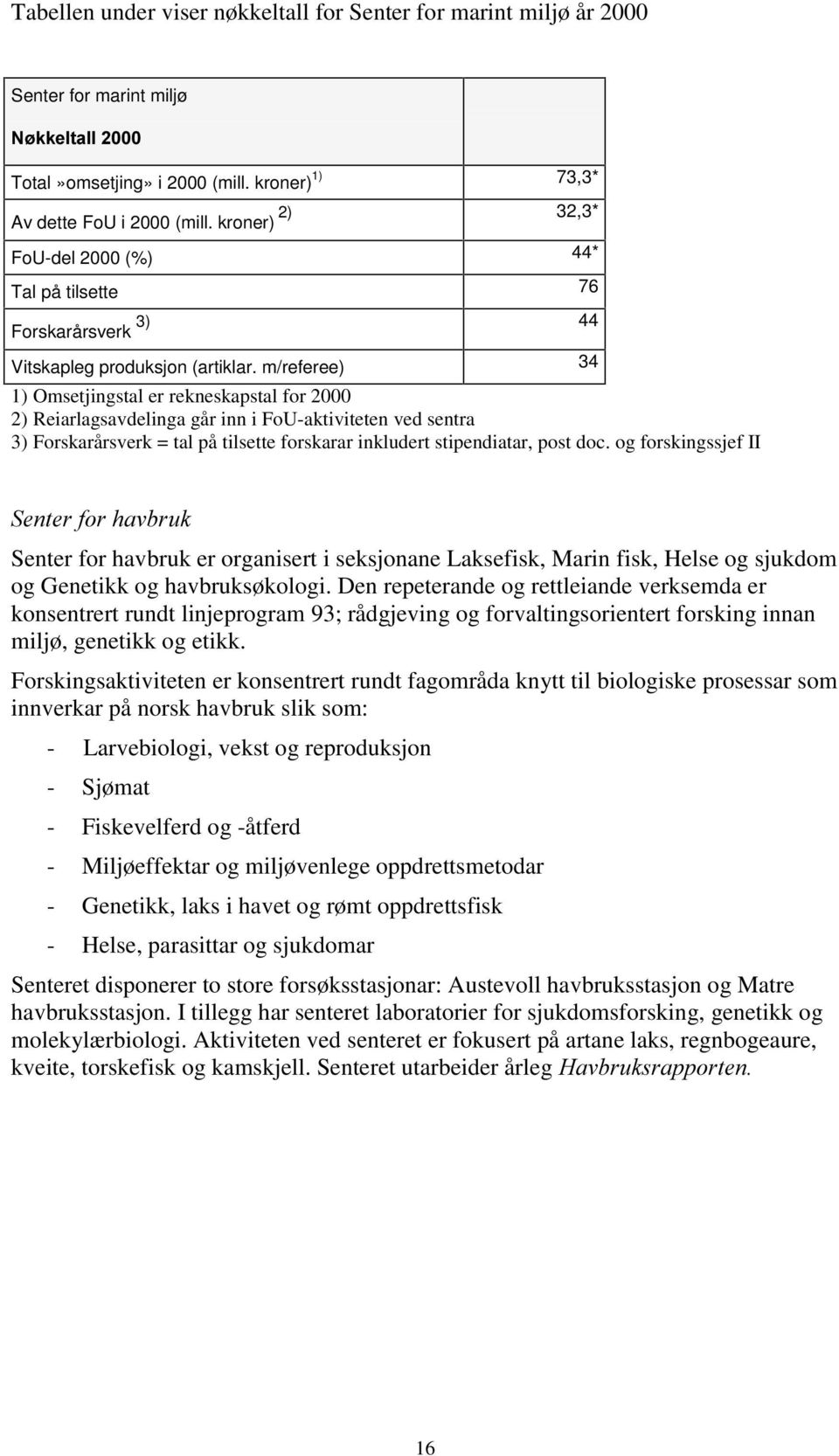 m/referee) 34 1) Omsetjingstal er rekneskapstal for 2000 2) Reiarlagsavdelinga går inn i FoU-aktiviteten ved sentra 3) Forskarårsverk = tal på tilsette forskarar inkludert stipendiatar, post doc.