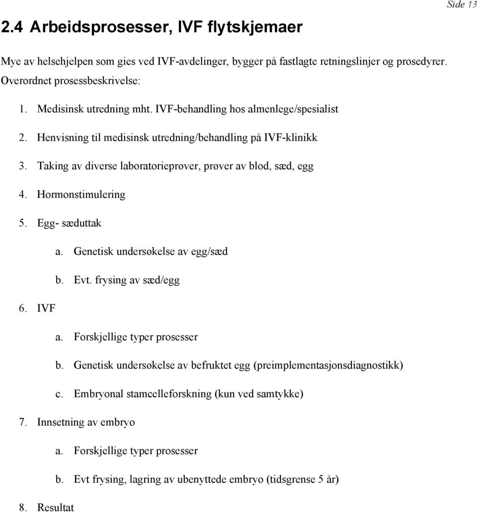 Taking av diverse labratrieprøver, prøver av bld, sæd, egg 4. Hrmnstimulering 5. Egg- sæduttak a. Genetisk undersøkelse av egg/sæd b. Evt. frysing av sæd/egg 6. IVF a.