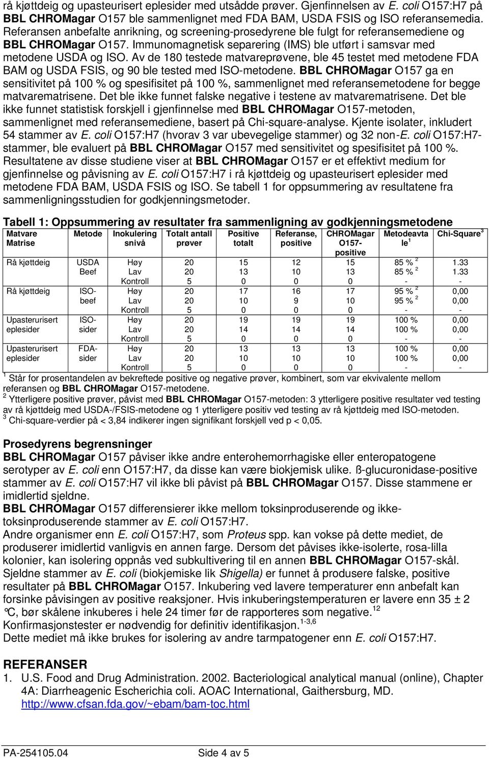 Av de 18 testede matvareprøvene, ble 4 testet med metodene FDA BAM og USDA FSIS, og 9 ble tested med ISOmetodene.