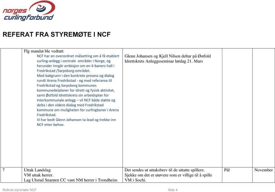 Idrettskrets sin arbeidsplan for interkommunale anlegg vil NCF både støtte og delta i den videre dialog med Fredrikstad kommune om muligheten for curlingbaner i Arena Fredrikstad.