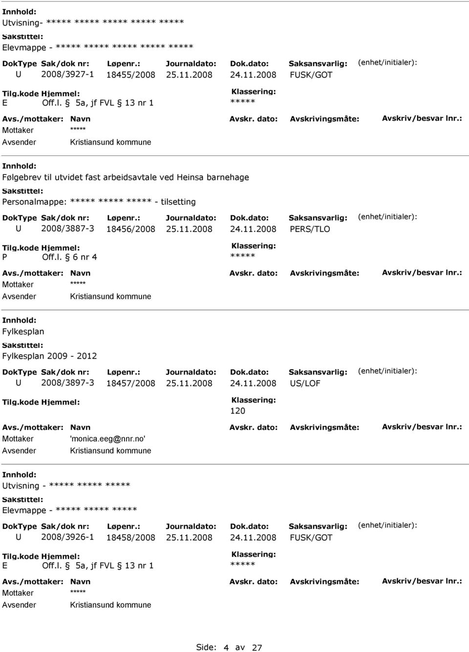 tilsetting 2008/3887-3 18456/2008 24.11.2008 PRS/TLO P Off.l. 6 nr 4 Mottaker Fylkesplan Fylkesplan 2009-2012 2008/3897-3 18457/2008 24.