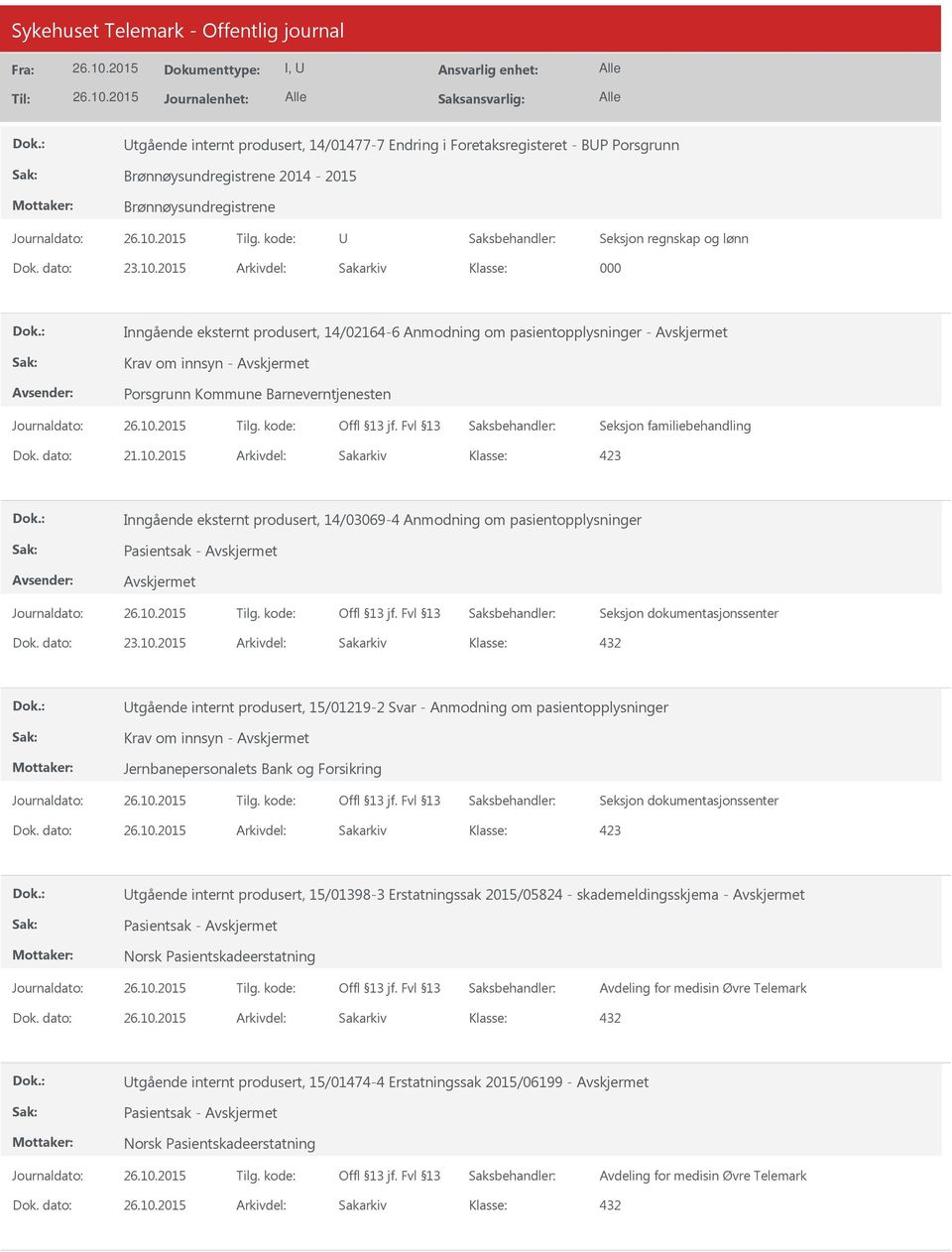 2015 Arkivdel: Sakarkiv Inngående eksternt produsert, 14/03069-4 Anmodning om pasientopplysninger Pasientsak - tgående internt produsert, 15/01219-2 Svar - Anmodning om pasientopplysninger Krav om