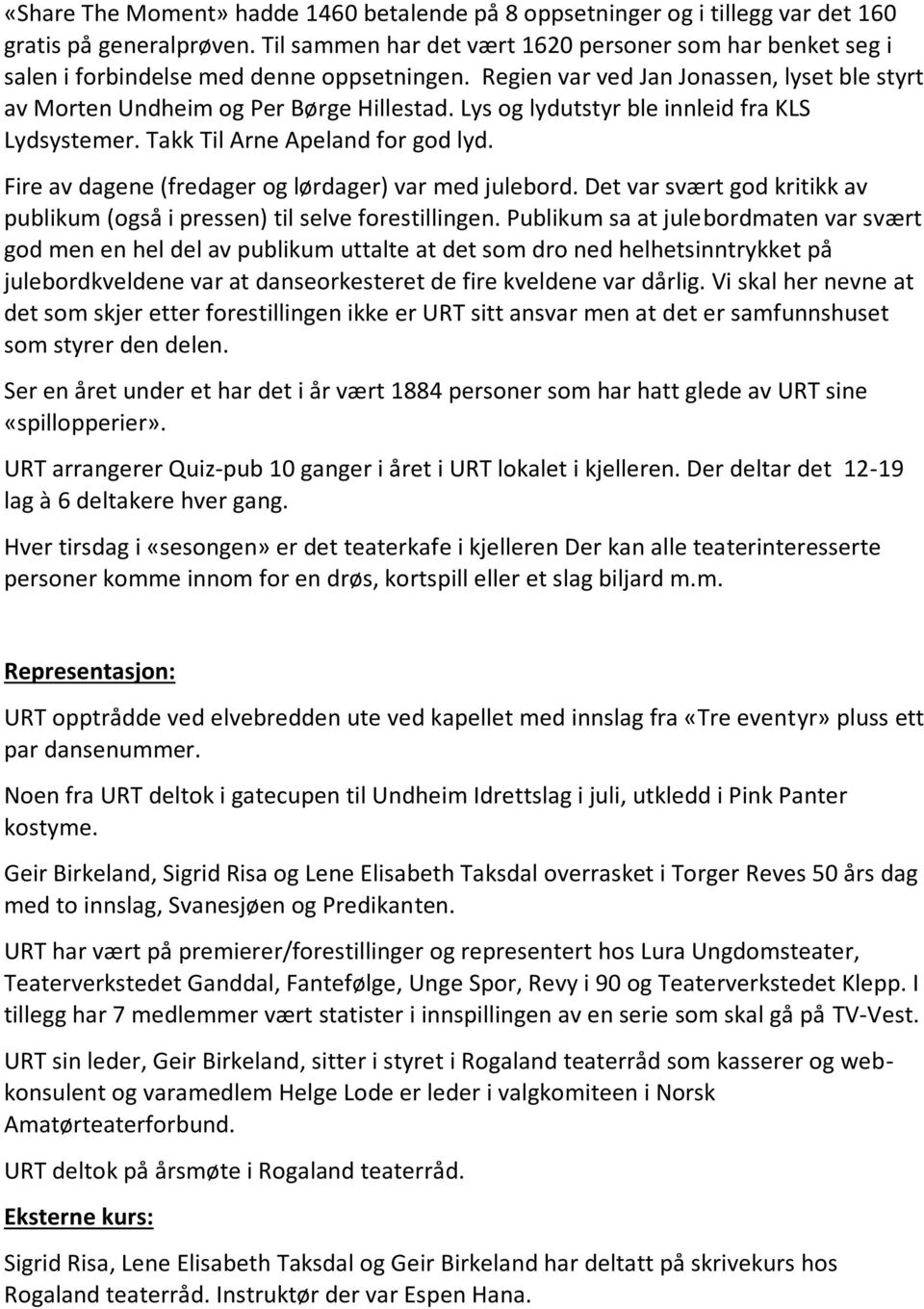 Lys og lydutstyr ble innleid fra KLS Lydsystemer. Takk Til Arne Apeland for god lyd. Fire av dagene (fredager og lørdager) var med julebord.