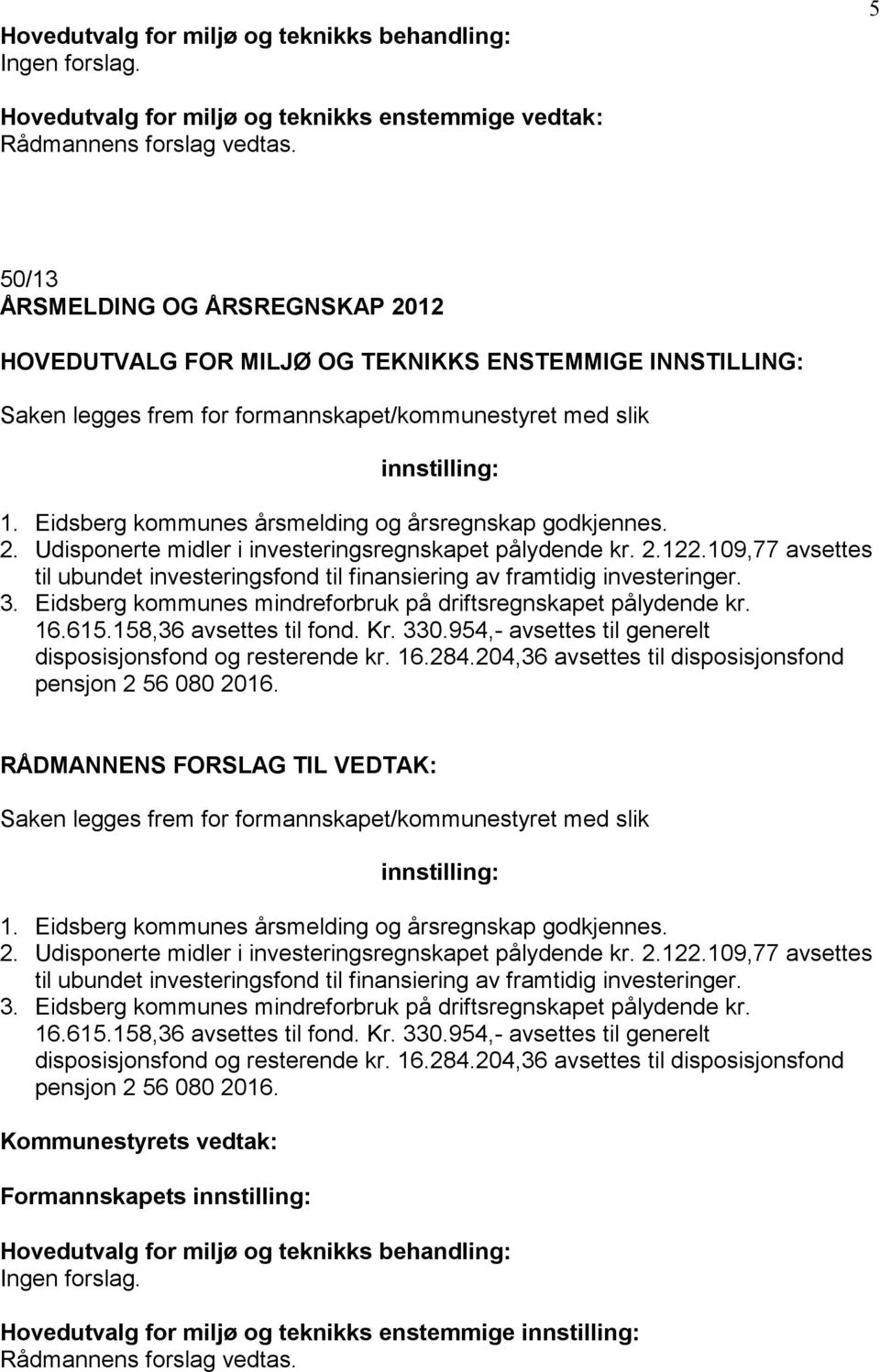 109,77 avsettes til ubundet investeringsfond til finansiering av framtidig investeringer. 3. Eidsberg kommunes mindreforbruk på driftsregnskapet pålydende kr. 16.615.158,36 avsettes til fond. Kr. 330.
