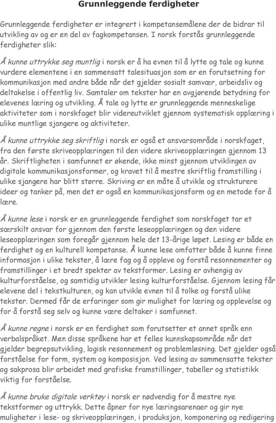 for kommunikasjon med andre både når det gjelder sosialt samvær, arbeidsliv og deltakelse i offentlig liv. Samtaler om tekster har en avgjørende betydning for elevenes læring og utvikling.