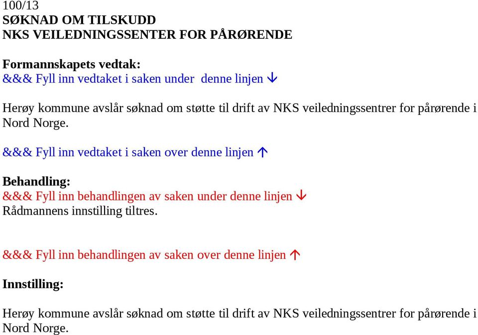 pårørende i Nord Norge. Rådmannens innstilling tiltres.