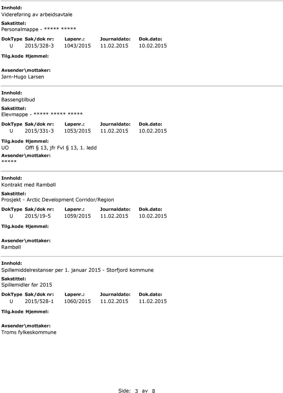 Development Corridor/Region 2015/19-5 1059/2015 Rambøll Spillemiddelrestanser per 1.