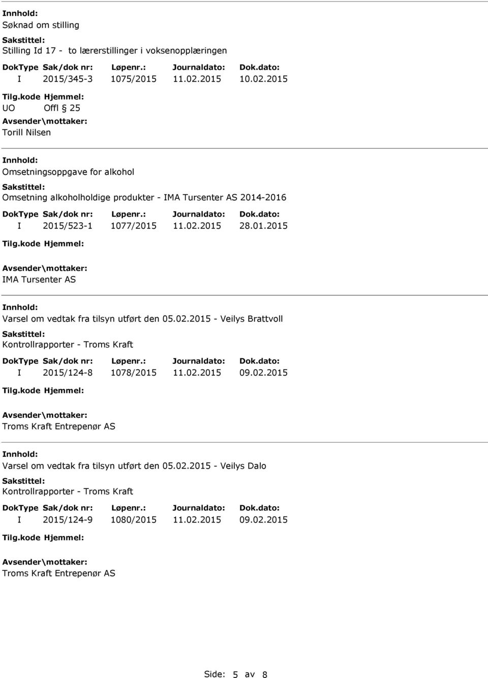 02.2015 - Veilys Brattvoll Kontrollrapporter - Troms Kraft 2015/124-8 1078/2015 Troms Kraft Entrepenør AS Varsel om vedtak fra tilsyn utført