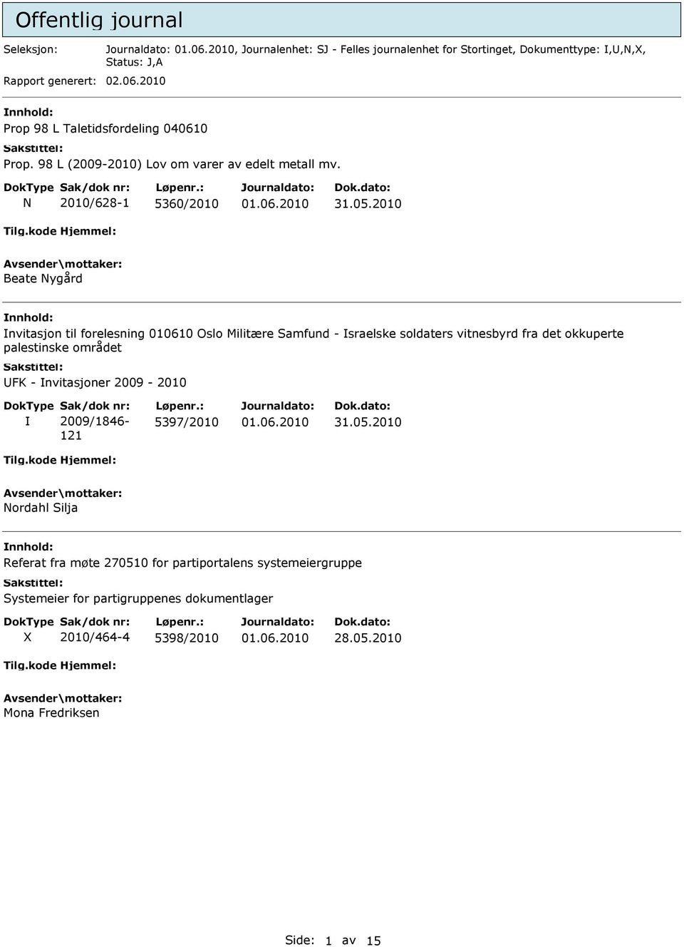 N 2010/628-1 5360/2010 Beate Nygård nvitasjon til forelesning 010610 Oslo Militære Samfund - sraelske soldaters vitnesbyrd fra det okkuperte palestinske området