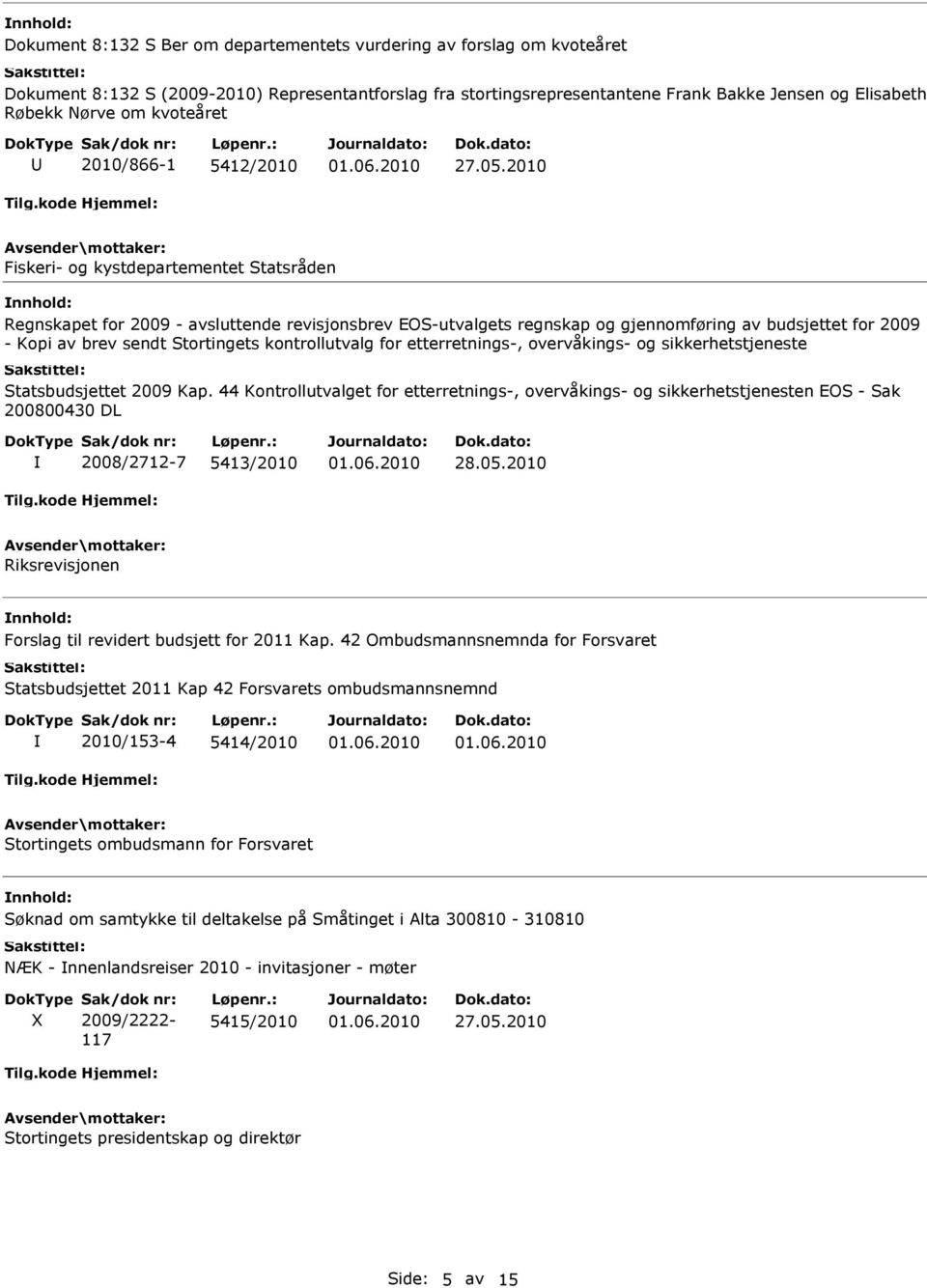 2010 Fiskeri- og kystdepartementet Statsråden Regnskapet for 2009 - avsluttende revisjonsbrev EOS-utvalgets regnskap og gjennomføring av budsjettet for 2009 - Kopi av brev sendt Stortingets