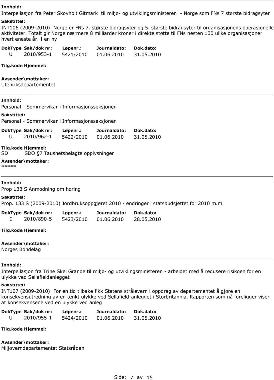 en ny 2010/953-1 5421/2010 tenriksdepartementet Personal - Sommervikar i nformasjonsseksjonen Personal - Sommervikar i nformasjonsseksjonen 2010/962-1 5422/2010 Tilg.