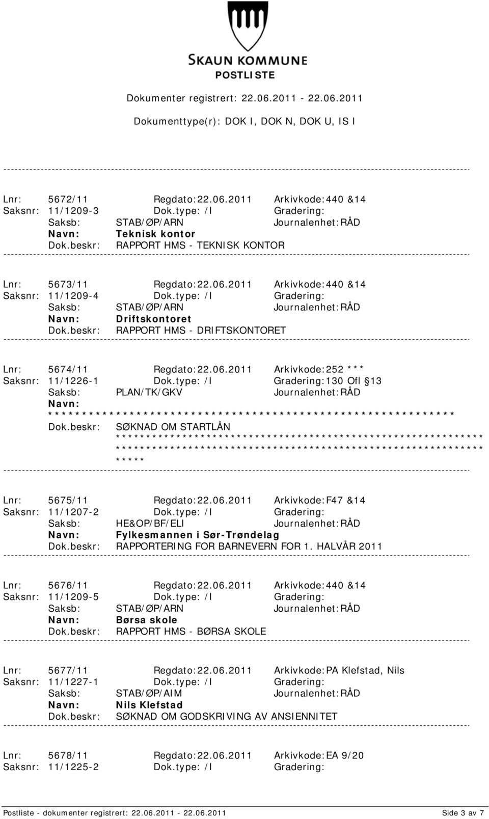 type: /I Gradering:130 Ofl 13 Saksb: PLAN/TK/GKV Journalenhet:RÅD SØKNAD OM STARTLÅN Lnr: 5675/11 Regdato:22.06.2011 Arkivkode:F47 &14 Saksnr: 11/1207-2 Dok.