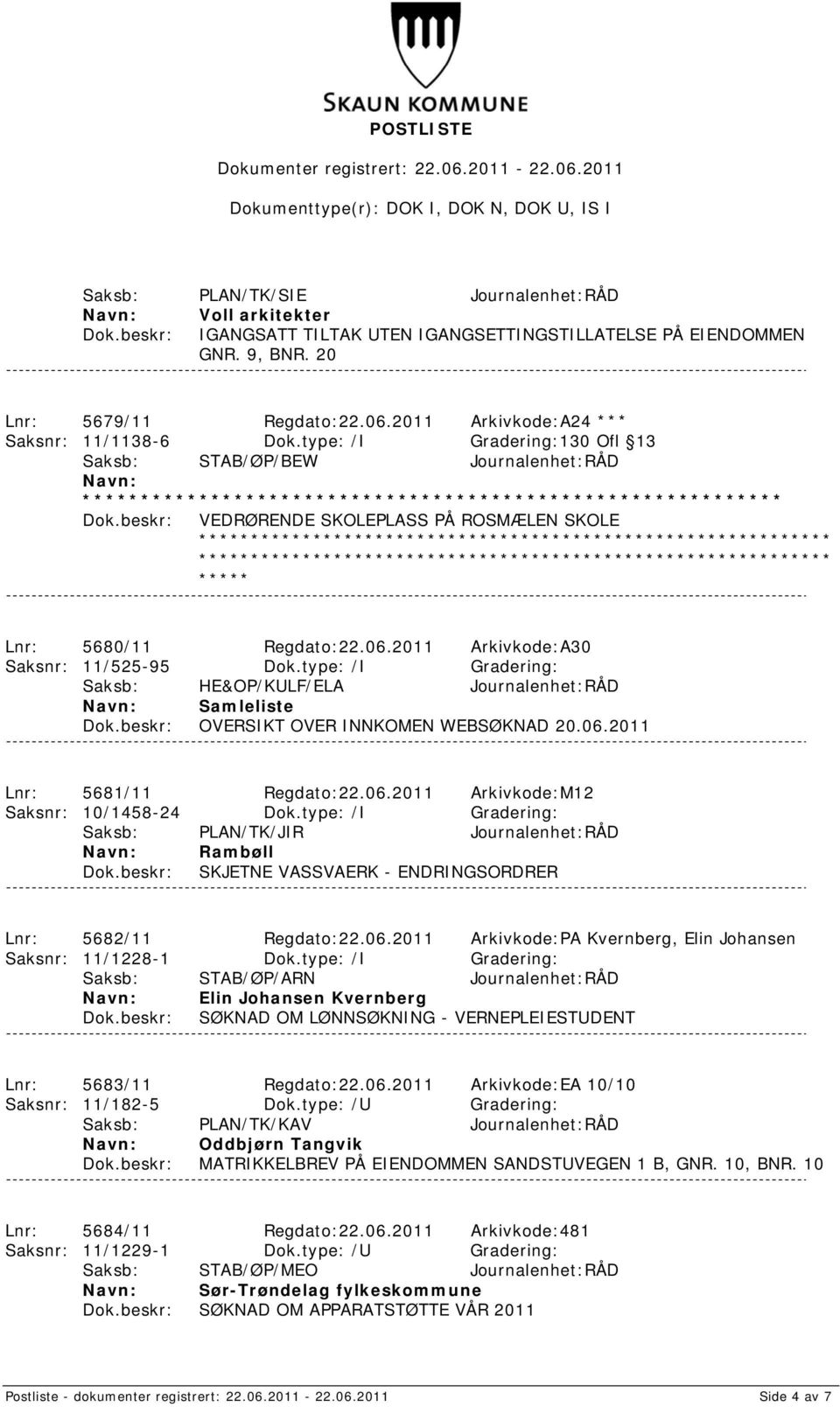 type: /I Gradering: Saksb: HE&OP/KULF/ELA Journalenhet:RÅD Samleliste OVERSIKT OVER INNKOMEN WEBSØKNAD 20.06.2011 Lnr: 5681/11 Regdato:22.06.2011 Arkivkode:M12 Saksnr: 10/1458-24 Dok.