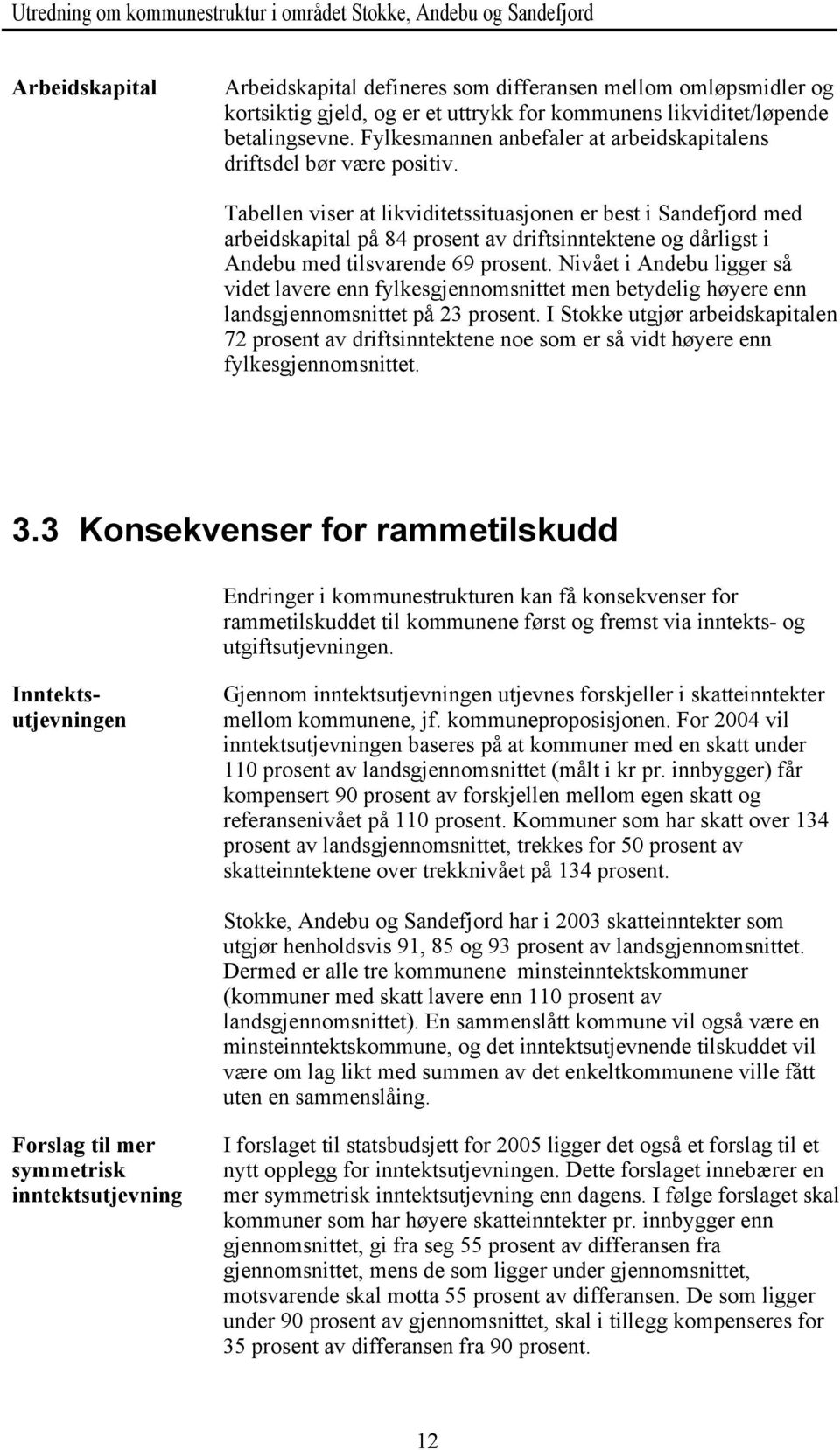 Tabellen viser at likviditetssituasjonen er best i Sandefjord med arbeidskapital på 84 prosent av driftsinntektene og dårligst i Andebu med tilsvarende 69 prosent.