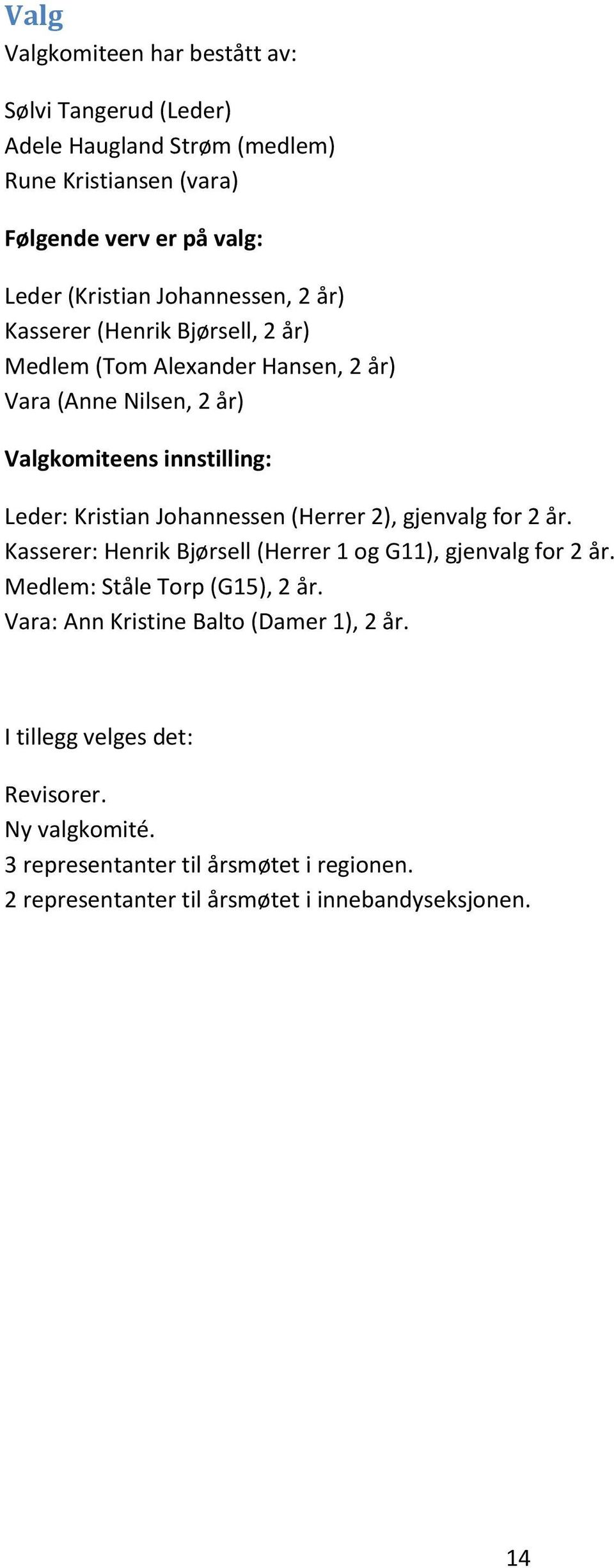 Johannessen (Herrer 2), gjenvalg for 2 år. Kasserer: Henrik Bjørsell (Herrer 1 og G11), gjenvalg for 2 år. Medlem: Ståle Torp (G15), 2 år.